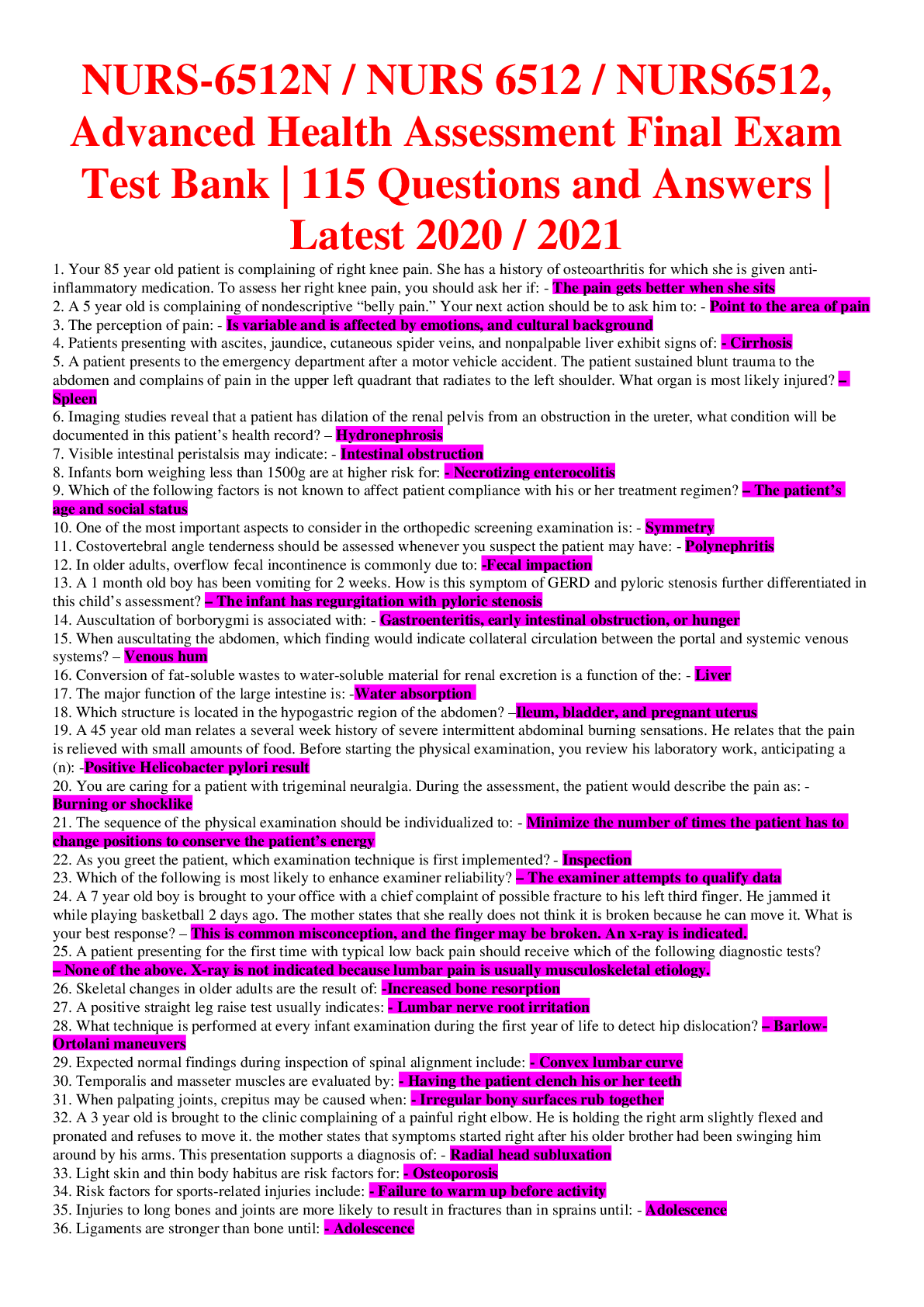Preview of NURS-6512N / NURS 6512 / NURS6512, Advanced Health Assessment Final Exam Test Bank | 115 Q